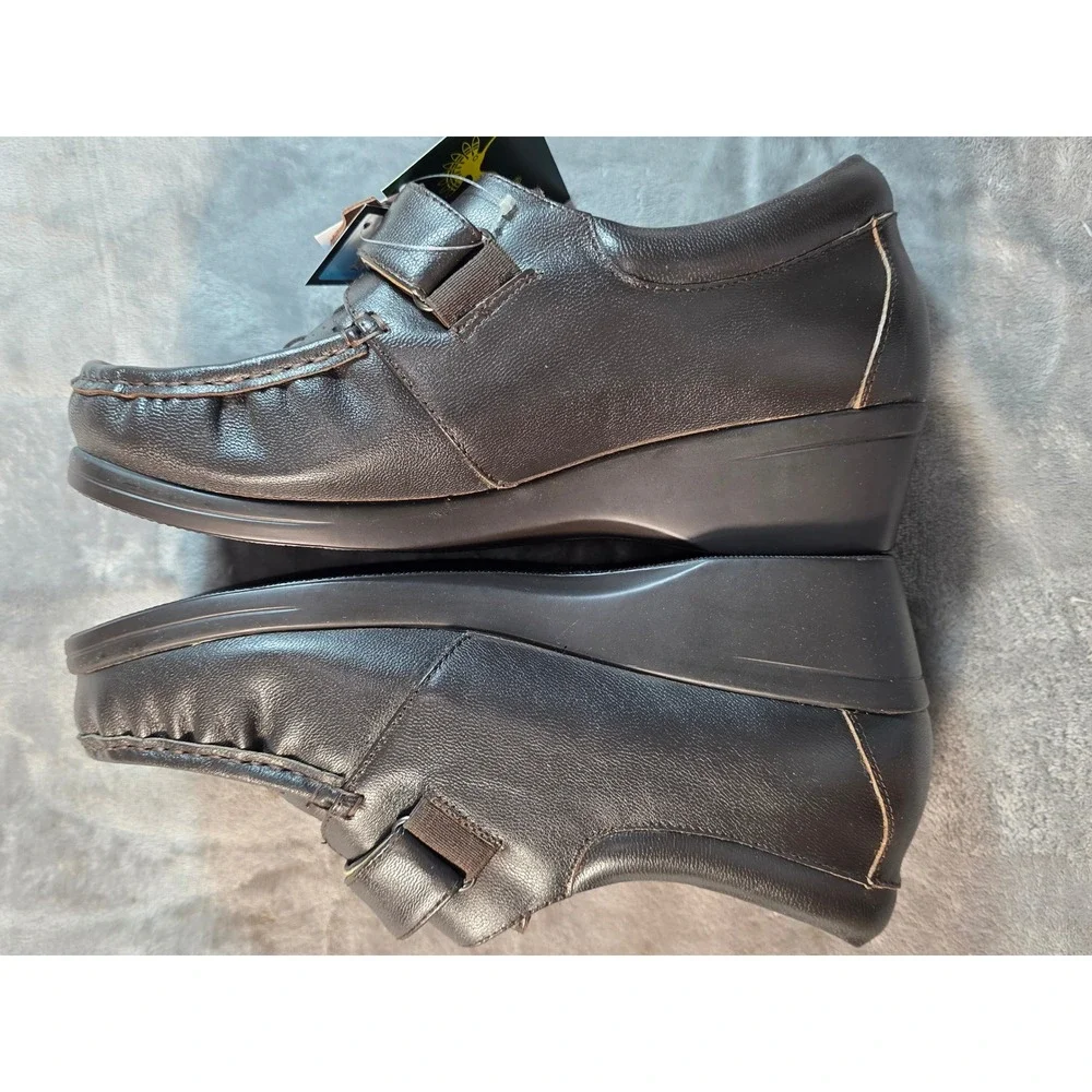 Hoopoe Dahlia Loafers Womens 11 Wide Brown‎ Leather Velcro Wedge Ortho-Line NEW